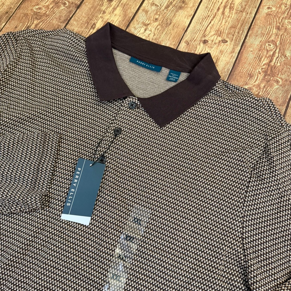 Perry Ellis 4JFK7118PS Polo Shirt Mens XXL Mole Brown Geometric Long Sleeve NWT